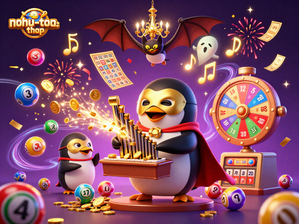 Engage with the nohu-toa-thap game featuring a cartoon penguin playing an organ, as golden coins and lottery elements float around.