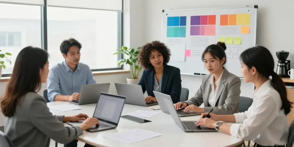 Team collaborating in a modern office workspace to provide more info here on business development strategies.