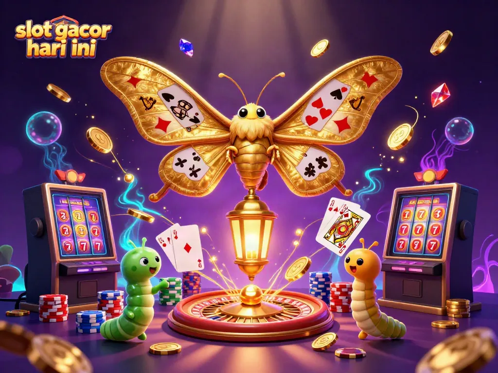 Engage in slot gacor hari ini with vibrant casino elements and golden winnings in a magical scene.