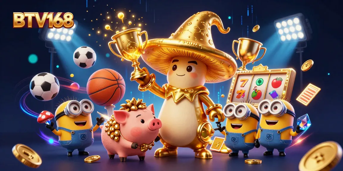 BTV168 unveils a vibrant 3D cartoon wizard scene with sports elements, combining magic and betting excitement.