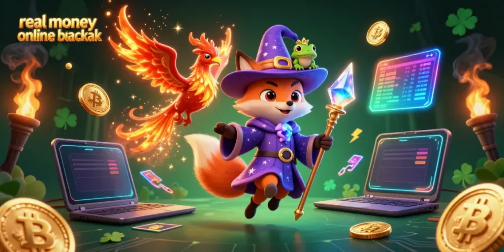 Experience the excitement of real money online blackjack with wizards, coins, and vibrant visuals.
