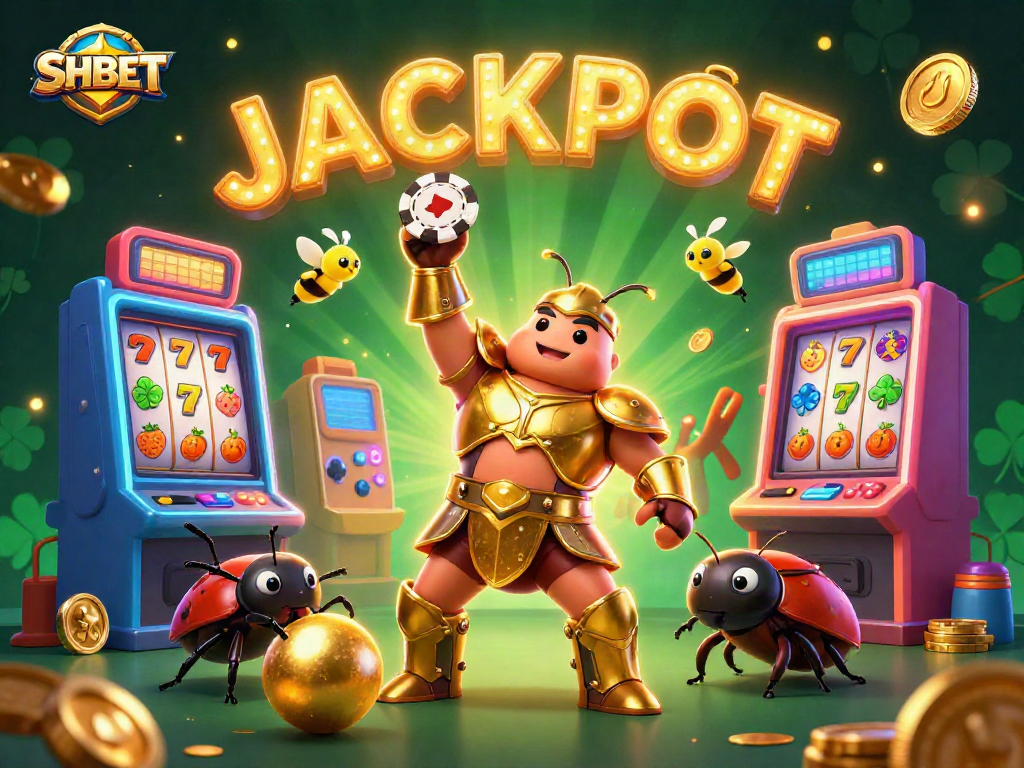 SHBET celebrates wins with a playful scene featuring a victorious beetle and lively casino elements.