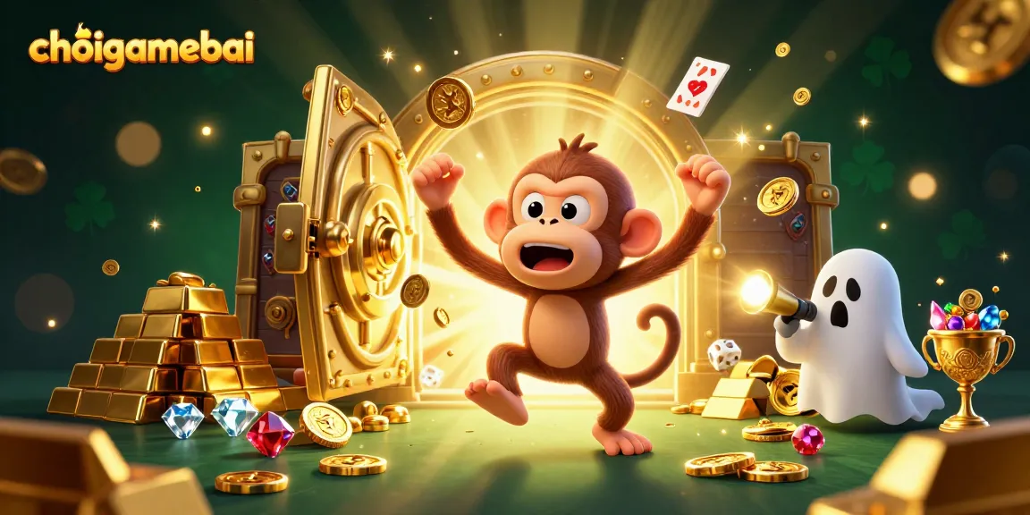 Experience the excitement at choigamebai with a mischievous monkey juggling golden treasures in a haunted casino.