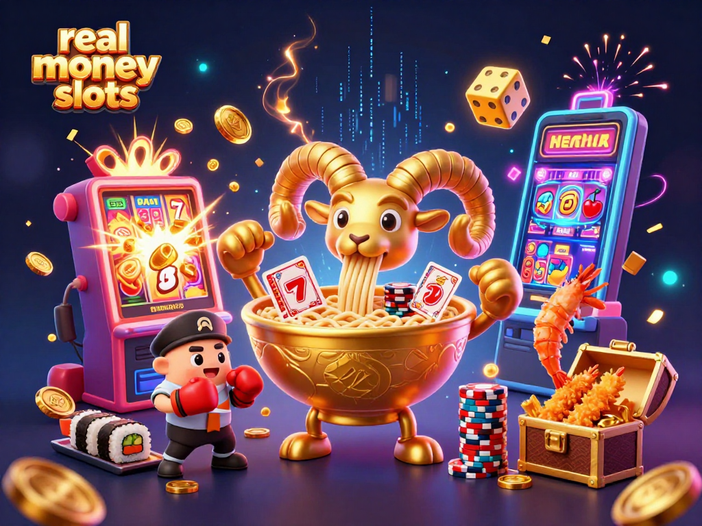 Engage with real money slots featuring dynamic characters and vibrant casino elements in a lively scene.