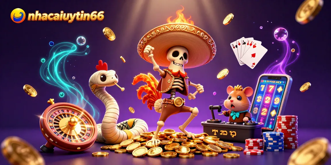 nhacaiuytin66 showcases a vibrant scene with a victorious skeleton rooster, mummy snake, and DJ hamster celebrating with golden coins and casino elements.