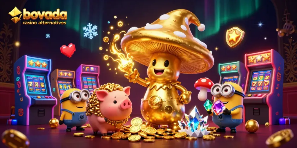 Play at Bovada casino alternatives with a golden mushroom wizard and vibrant casino elements in a 3D illustration.