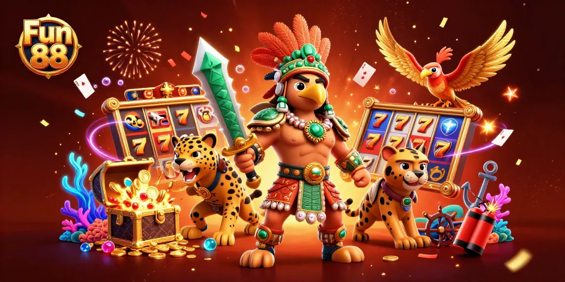 Fun 88 brings excitement through vibrant slot games and dynamic gambling visuals in a rich illustration.