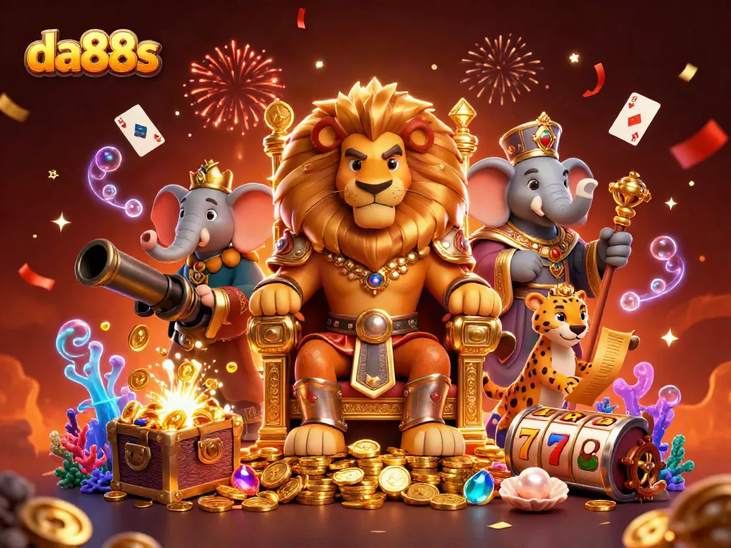 Experience the thrill of da88s casino with a vibrant scene of playful characters surrounded by exciting games and treasures.