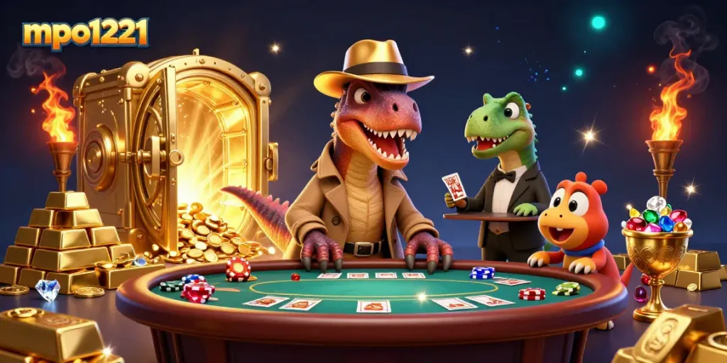 Watch the velociraptor card counter at mpo1221 amid thrilling casino action with chips and glowing gold.