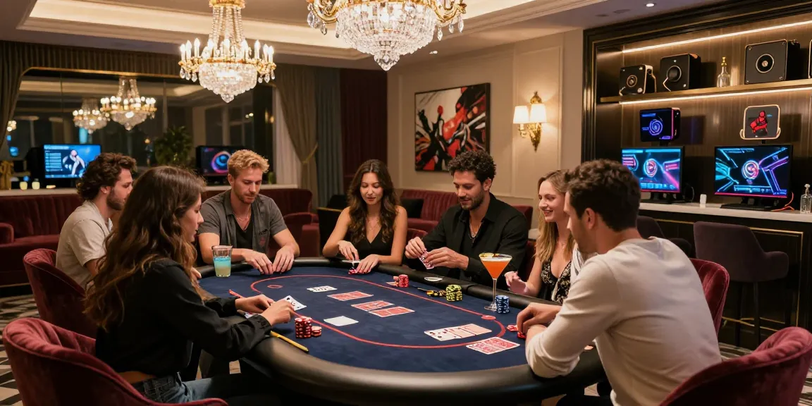 Suasana lounge mewah LUXURY777 dengan permainan kartu dan teman-teman.