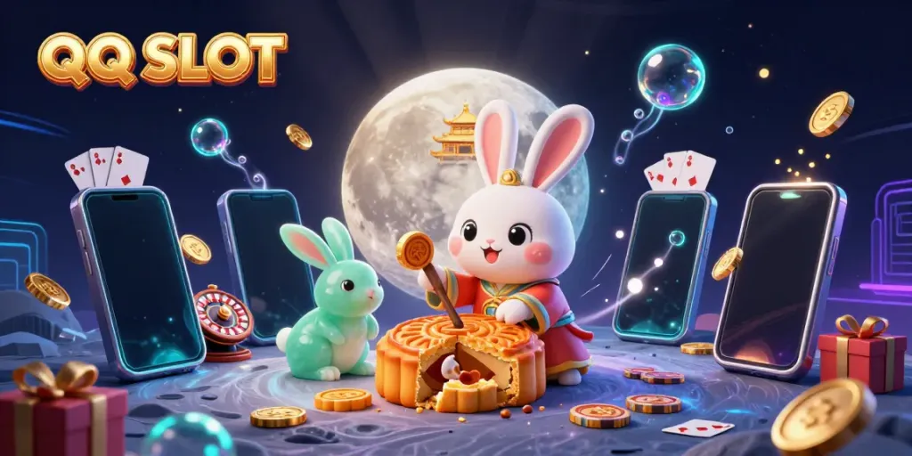 Experience QQ SLOT in a vibrant online casino scene with moon rabbits, poker chips, and slot machines.