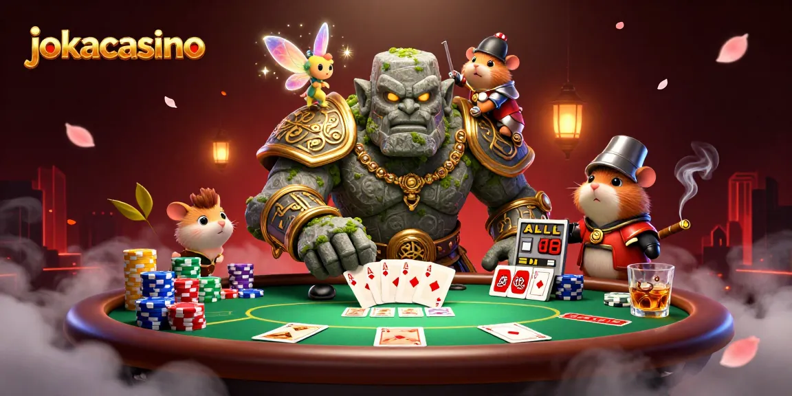 Engage in thrilling action at jokacasino, featuring a magical golem guardian and poker ambiance.