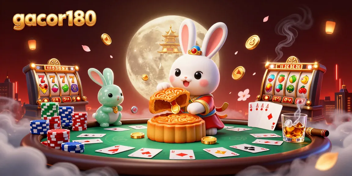 Gacor180 mempersembahkan ilustrasi kasino dengan kelinci bulan dan simbol permainan menarik.