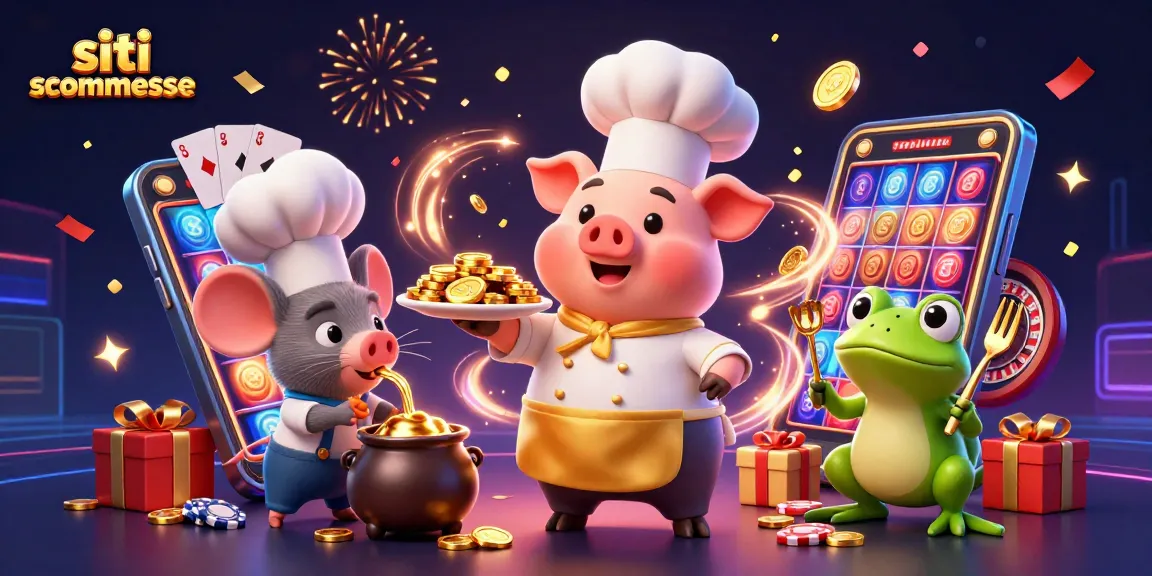 Siti di scommesse: il maialino chef serve monete d'oro tra pokies colorate in un'illustrazione vivace.