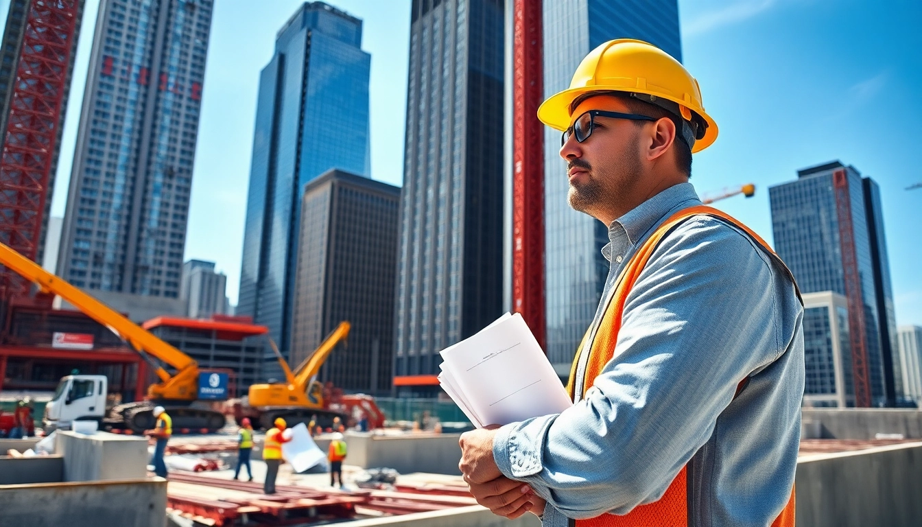 Manhattan Construction Manager inspecting a bustling construction site with skyscrapers.