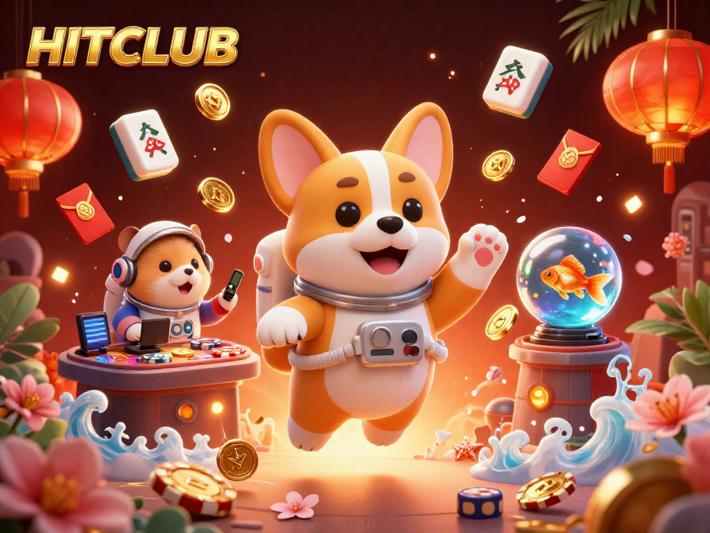 Experience HITCLUB's exhilarating 3D casino adventure with corgi, hamster, and goldfish in a vibrant illustration.