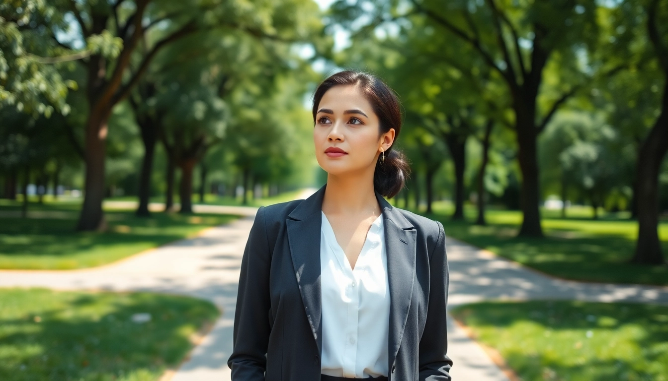 Contemplative woman evaluating her Ideal career path amidst a tranquil park setting.