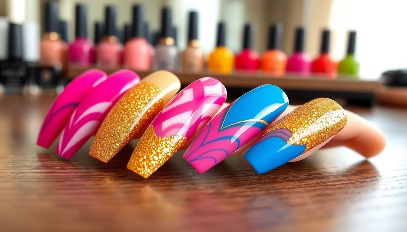Laser-focused nail extensions showcasing vibrant colors and intricate designs on a stylish table.