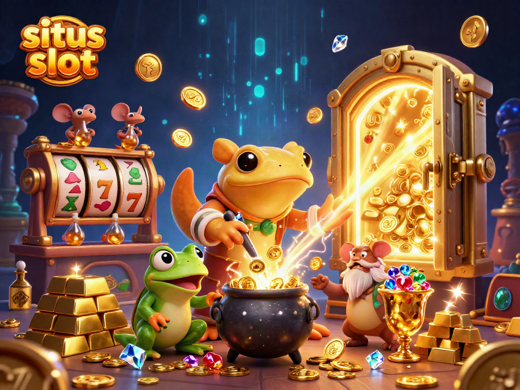 Situs slot gaming scene with an alchemist and frog mixing gold, showcasing jackpots and vibrant slot elements.