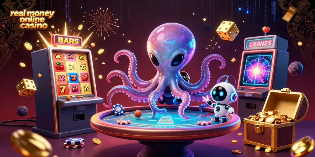 Experience the excitement of a real money online casino with an alien octopus and slot machine.