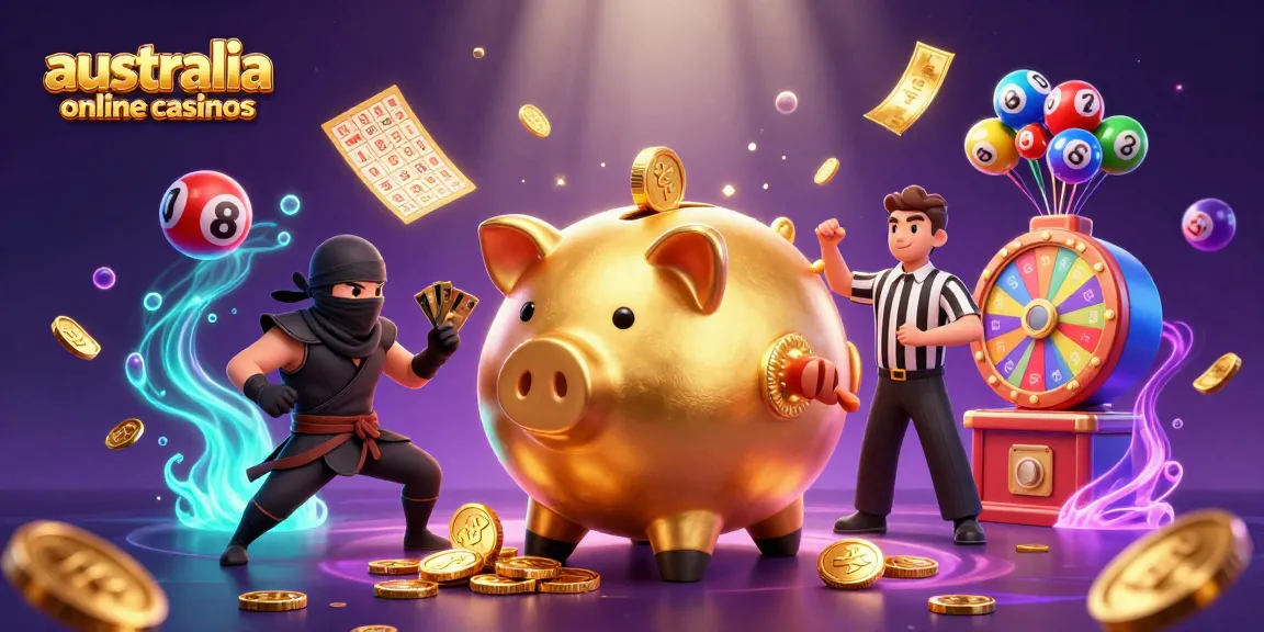 Experience vibrant action with australia online casinos, featuring a golden piggy bank sumo wrestler amidst dynamic gaming elements.