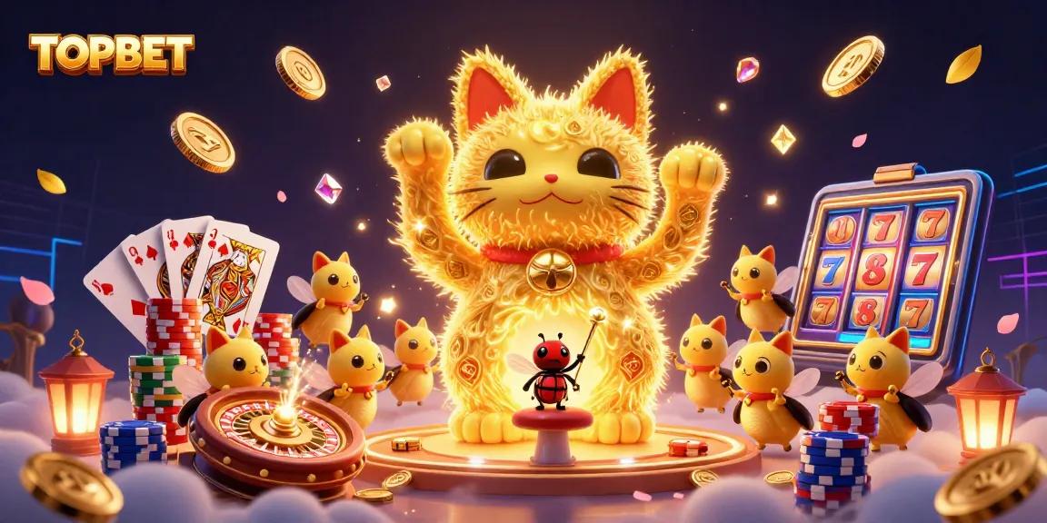 Engage with the vibrant TOPBET gaming universe featuring a lucky cat and casino symbols.