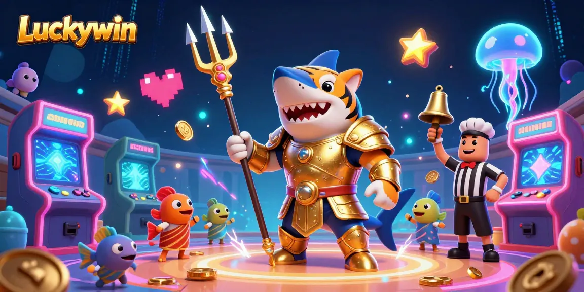 Engage in Luckywin's casino adventures with a vibrant 3D tiger shark in a dynamic underwater scene.