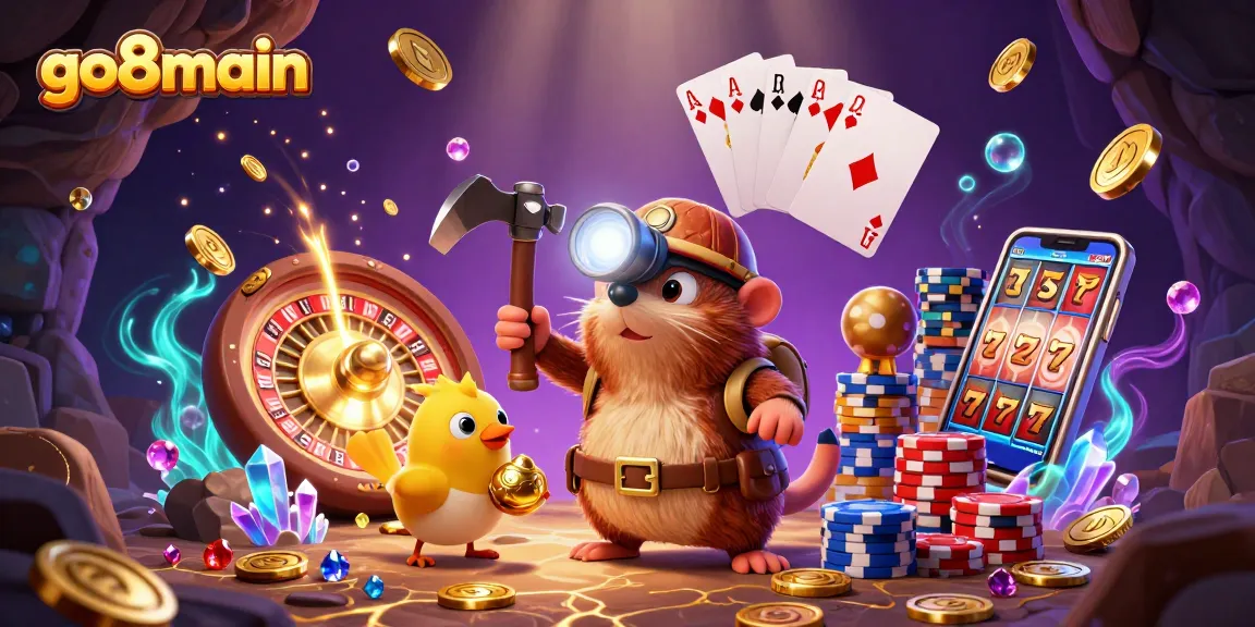 Experience thrilling wins at go8main with a vibrant illustration of a treasure hunter amidst cascading gems and gaming elements.
