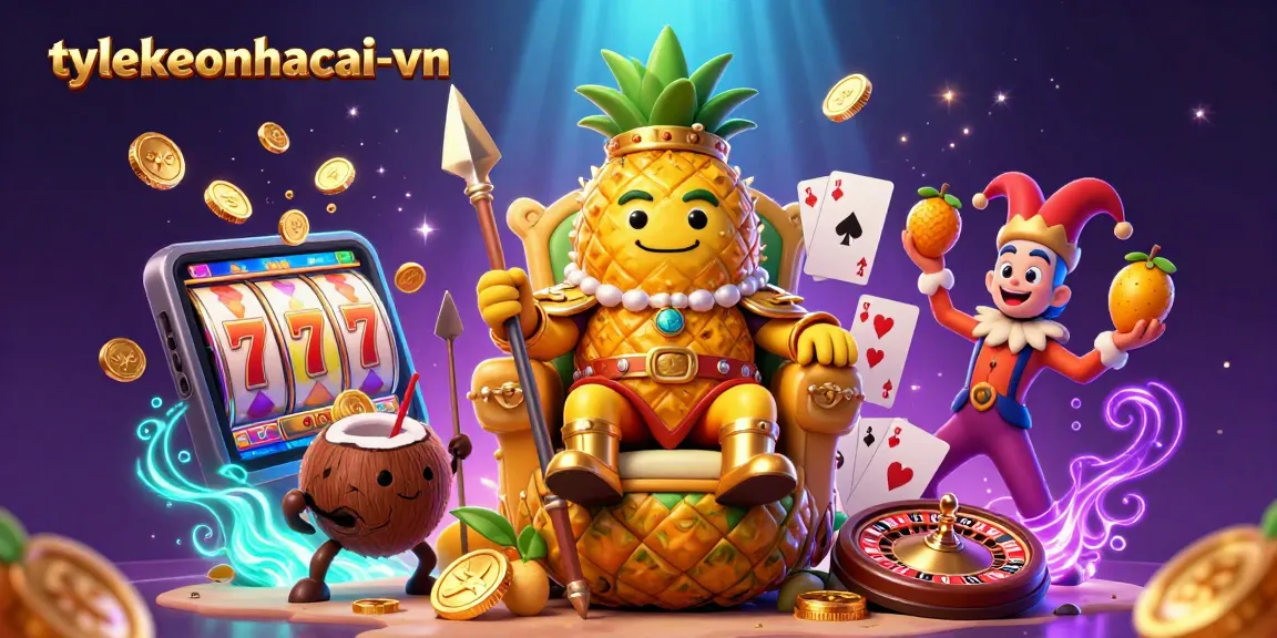 Engage with the colorful scene of tylekeonhacai-vn's beach casino, featuring a golden pineapple king and dynamic game elements.
