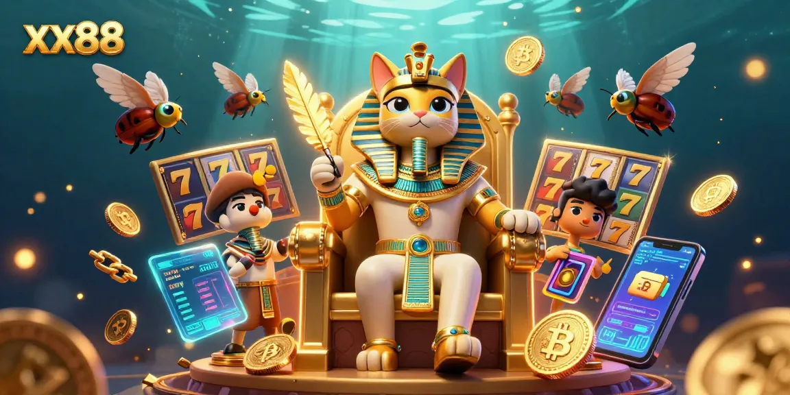 Experience slot gaming excitement with xx88 in a vibrant pharaoh-themed 3D scene.