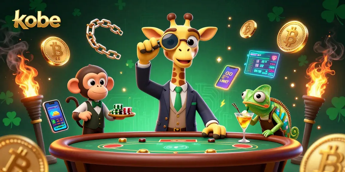 Engage in thrilling poker with the vibrant kobe scene featuring a giraffe, monkey, and chameleon in a casino.