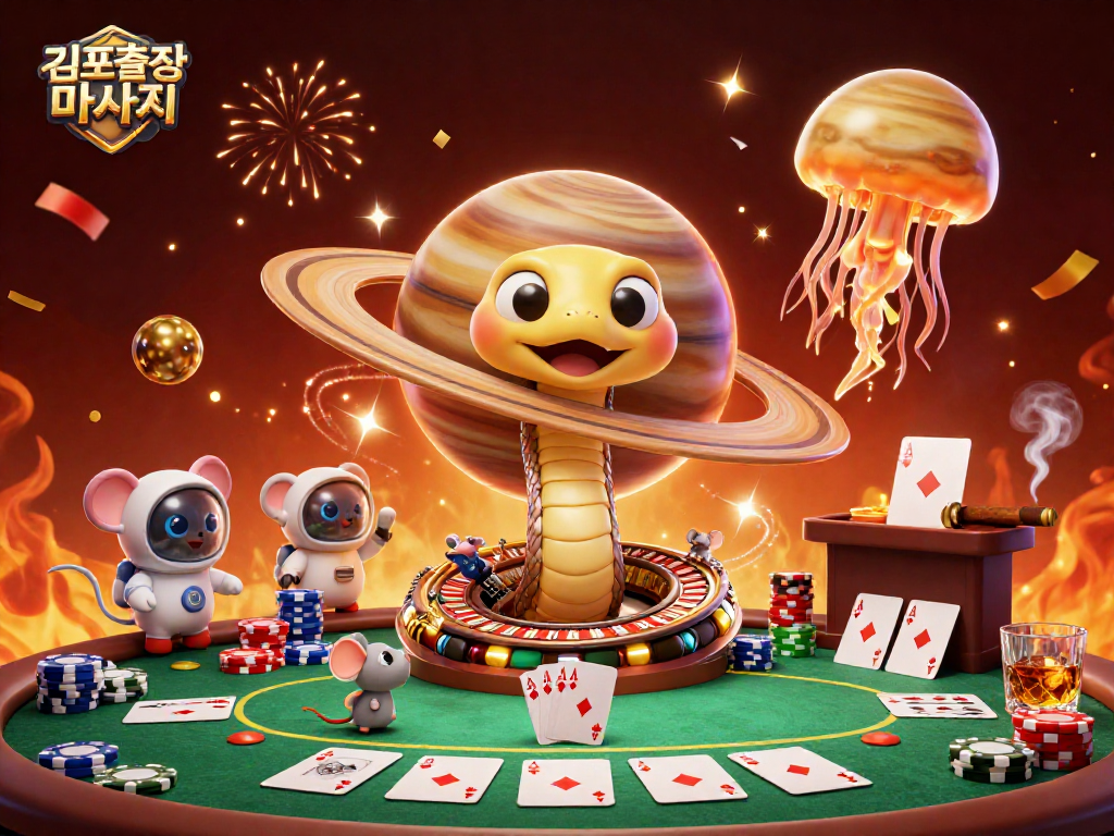 Engage in 김포출장마사지 with a cosmic dealer as astronaut mice bet on a roulette-style Saturn ring.