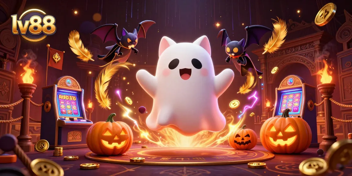 Experience thrilling gaming at lv88 with a ghost cat and bat in a vibrant haunted casino.