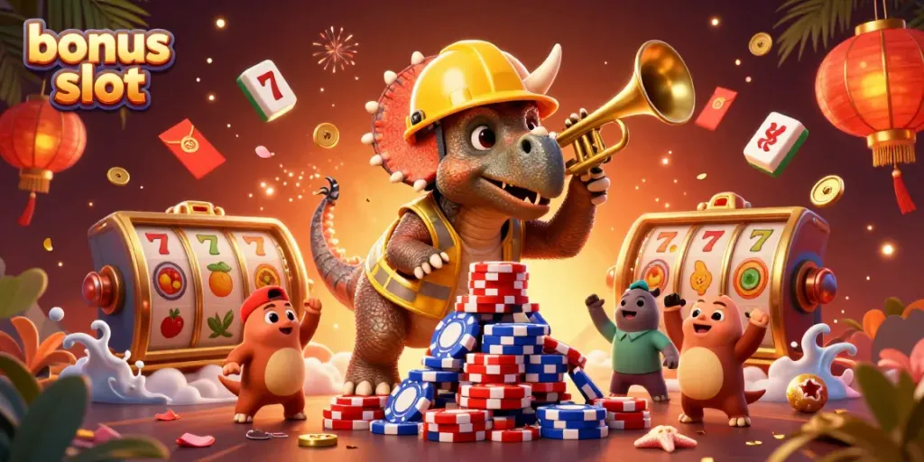 Celebrate with interactive bonus slot elements in a 3D cartoon scene featuring unique casino characters.