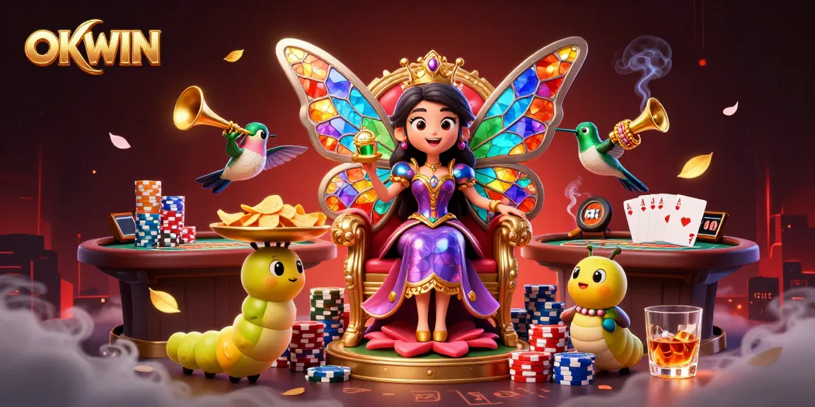 Engage with OKWIN's thrilling casino atmosphere featuring a vibrant butterfly queen, poker chips, and elite gameplay.