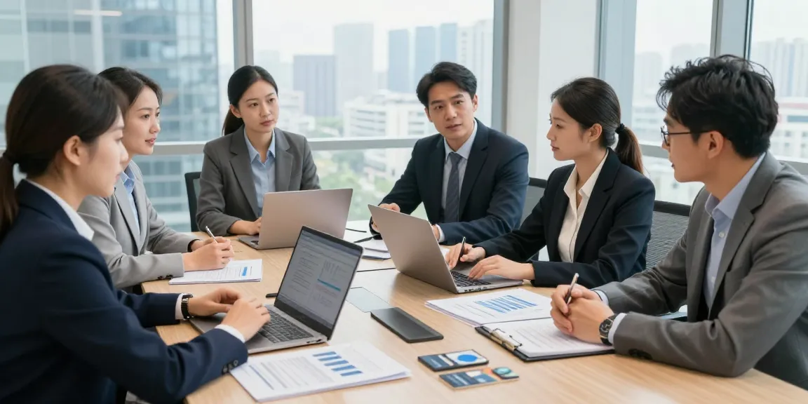 법인카드현금화를 위한 전문적인 비즈니스 회의 장면, 팀원들이 전략을 논의하는 모습.