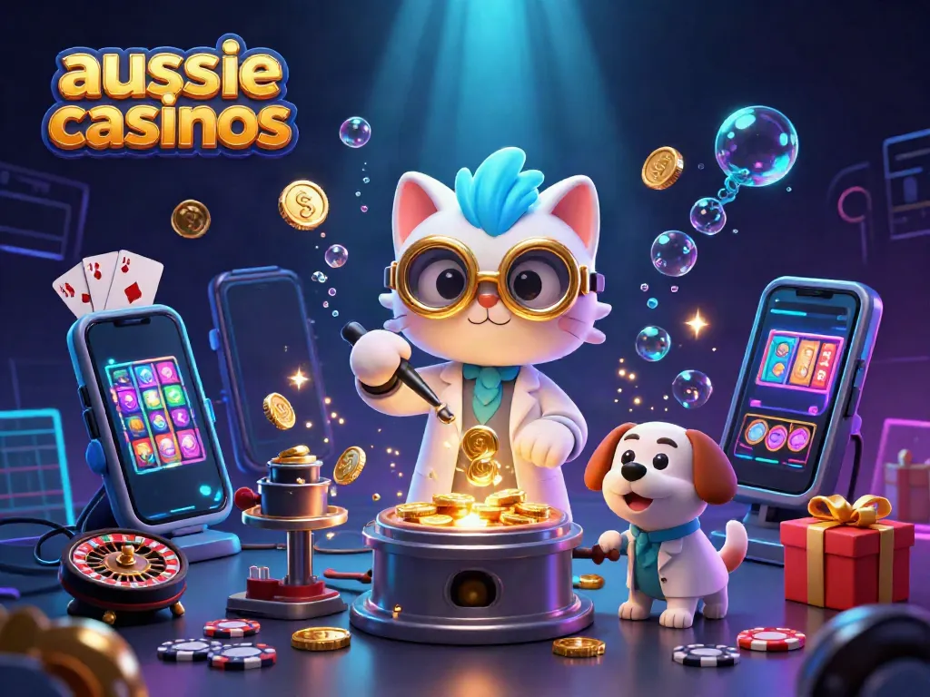 Aussie casinos scene with vibrant slot games, golden coins, and playful characters in an energetic laboratory setting.