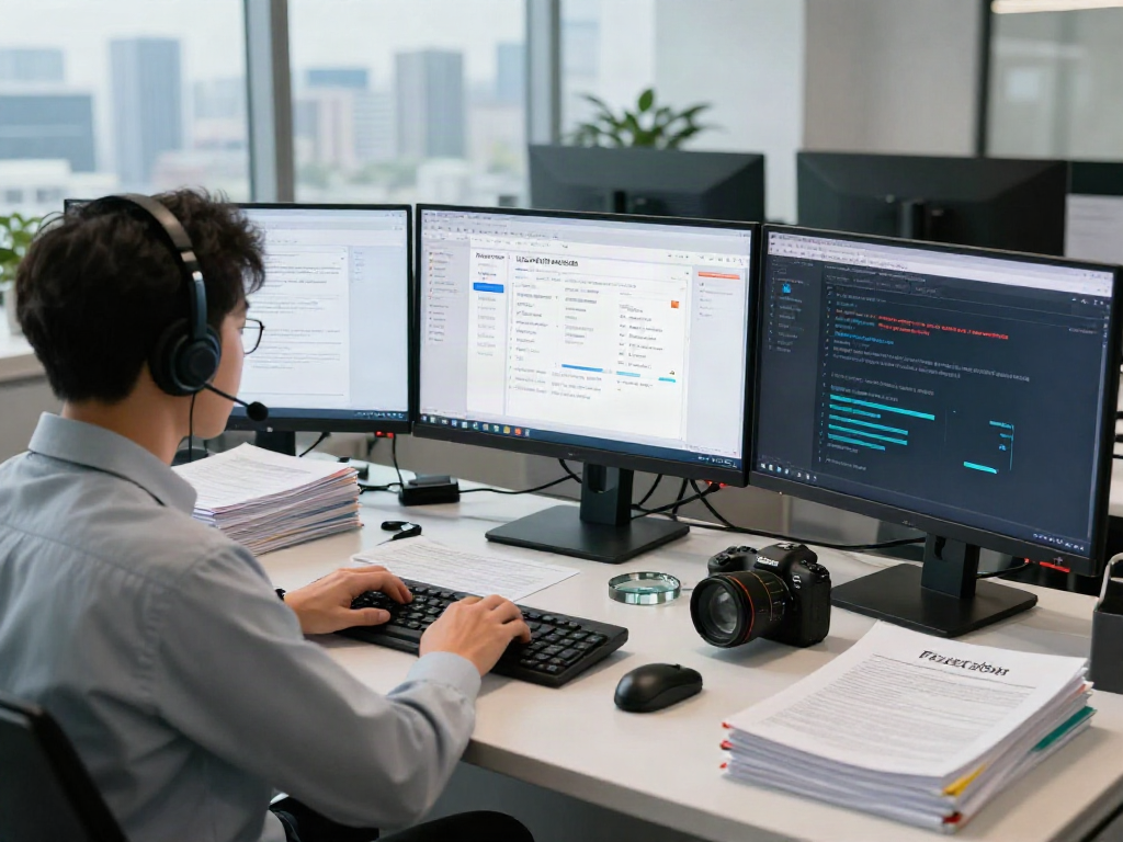 Professional documenting fraud detection solution analysis in a modern office showcasing high-tech software interfaces.