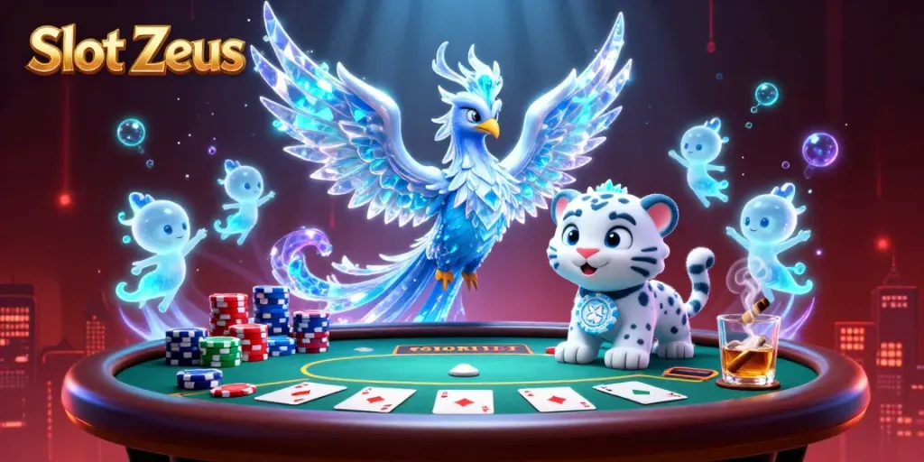 Experience thrilling gameplay at Slot Zeus with an ice phoenix, snow leopard, and vibrant poker elements.