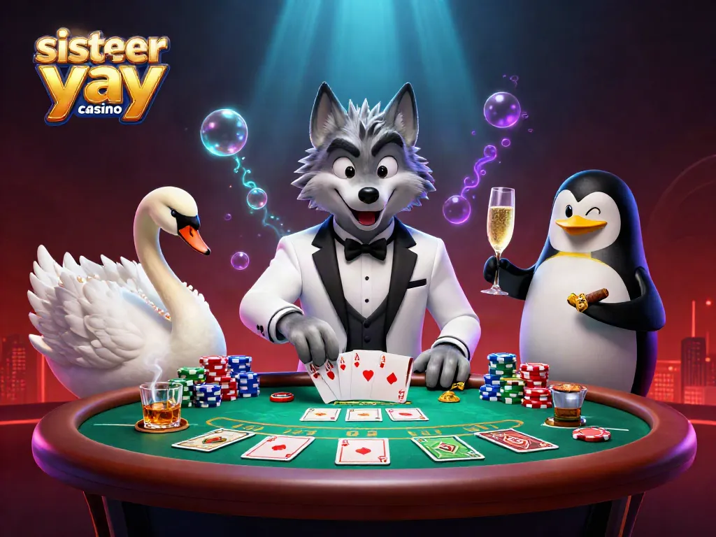 Exciting gameplay at sister sites to yay casino with animated characters at a baccarat table.