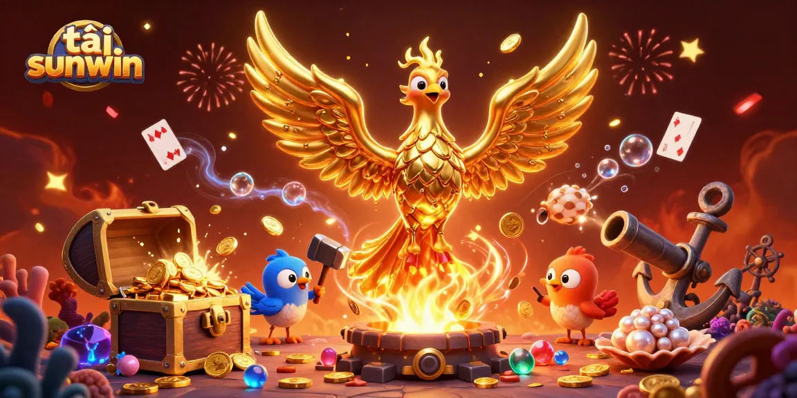Experience poker action and winning bets at tải sunwin with a golden phoenix and festive scene.