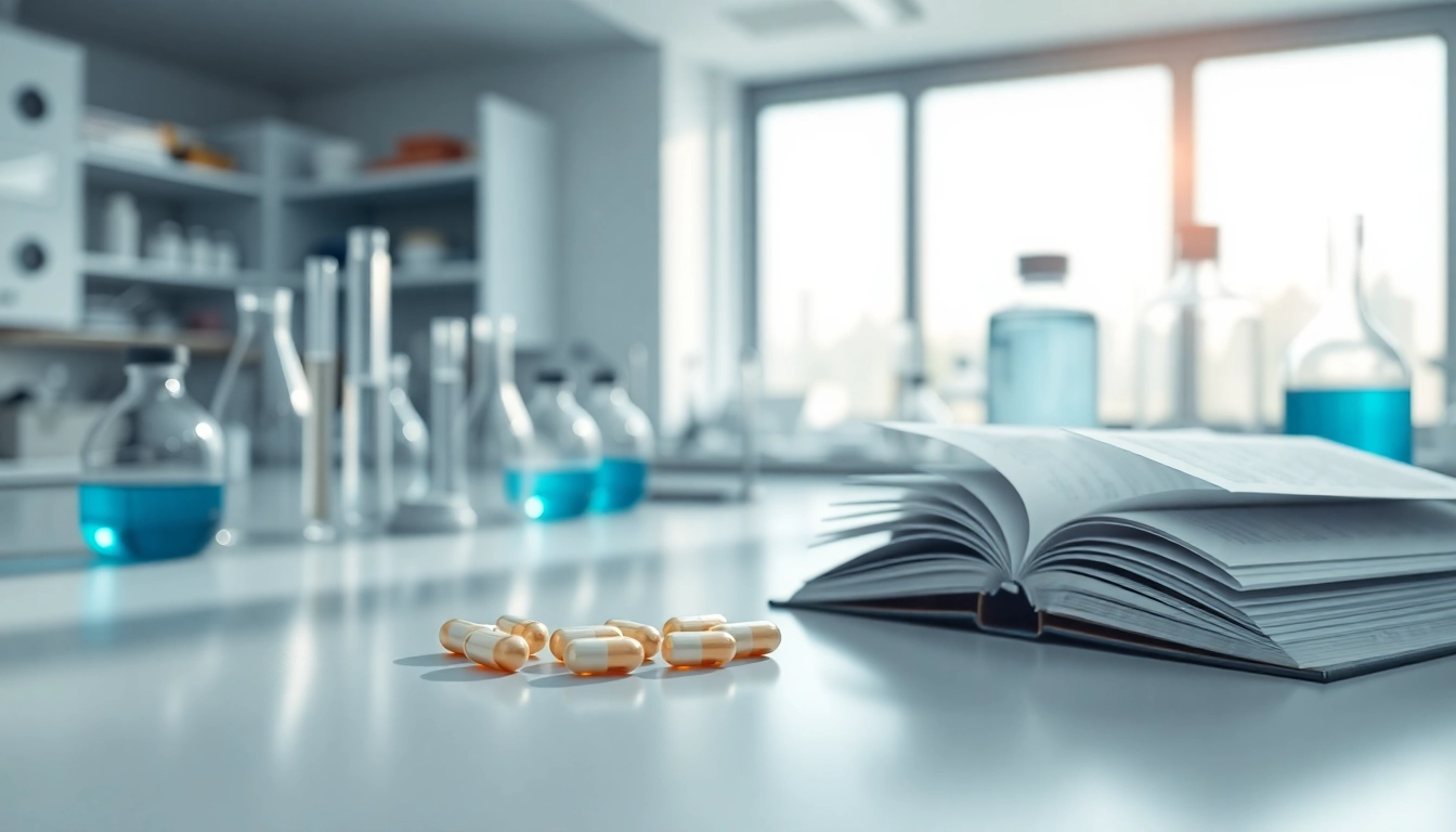 Showcase 5-amino-1mq capsules with scientific instruments in a professional research lab.