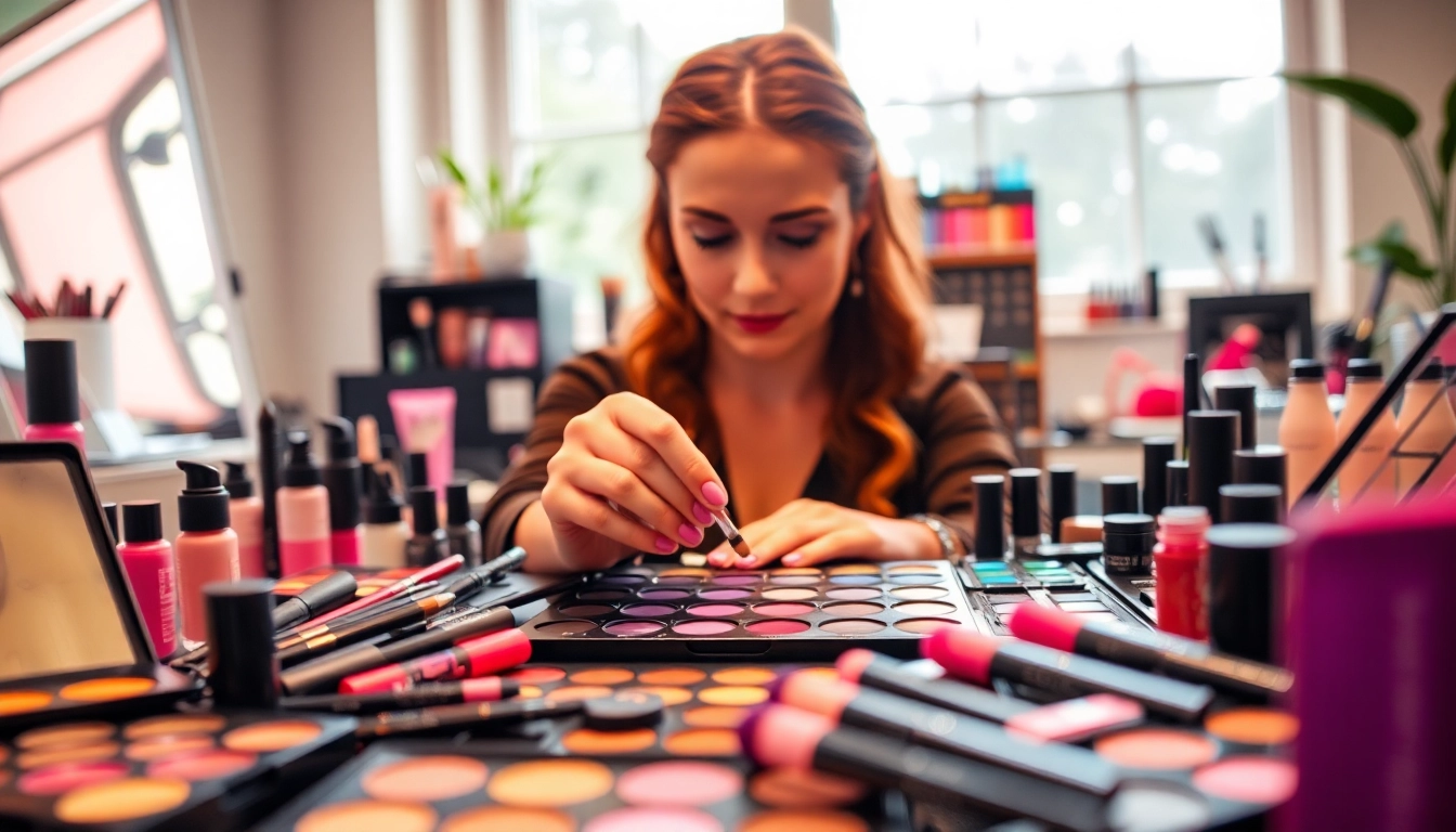Showcasing makeup wholesale products in a vibrant studio setting with a professional artist.