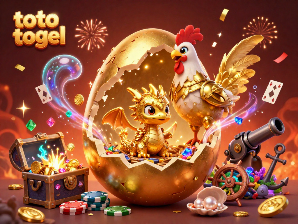 Toto togel offers a thrilling experience as a golden dragon nestles atop poker chips surrounded by vibrant casino elements.
