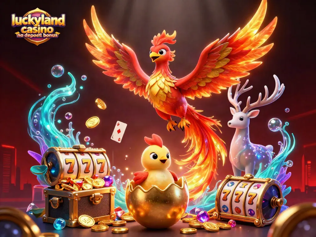 Experience the luckyland casino no deposit bonus with an epic scene of phoenixes and vibrant gaming elements.