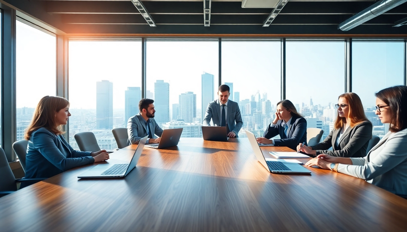 Engaging professionals analyzing merchant cash advance leads in a modern office.