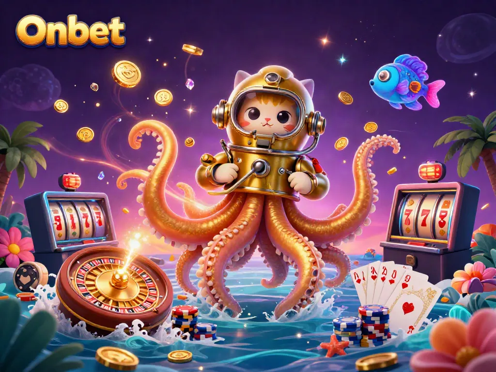 Onbet showcases a vibrant 3D casino scene with a kraken and a diving cat amidst jackpots and coins.
