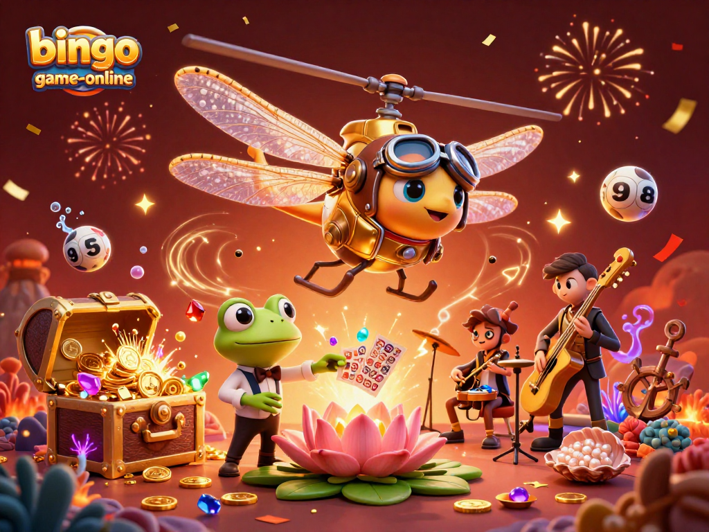 Bingo-game-online jackpot scene featuring a dragonfly pilot and frog croupier surrounded by bubbles and treasure.