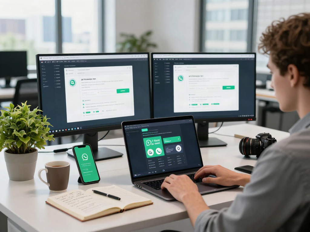 Showcasing gb whatsapp apk on a workspace with dual monitors and a focused professional amid a modern office setting.