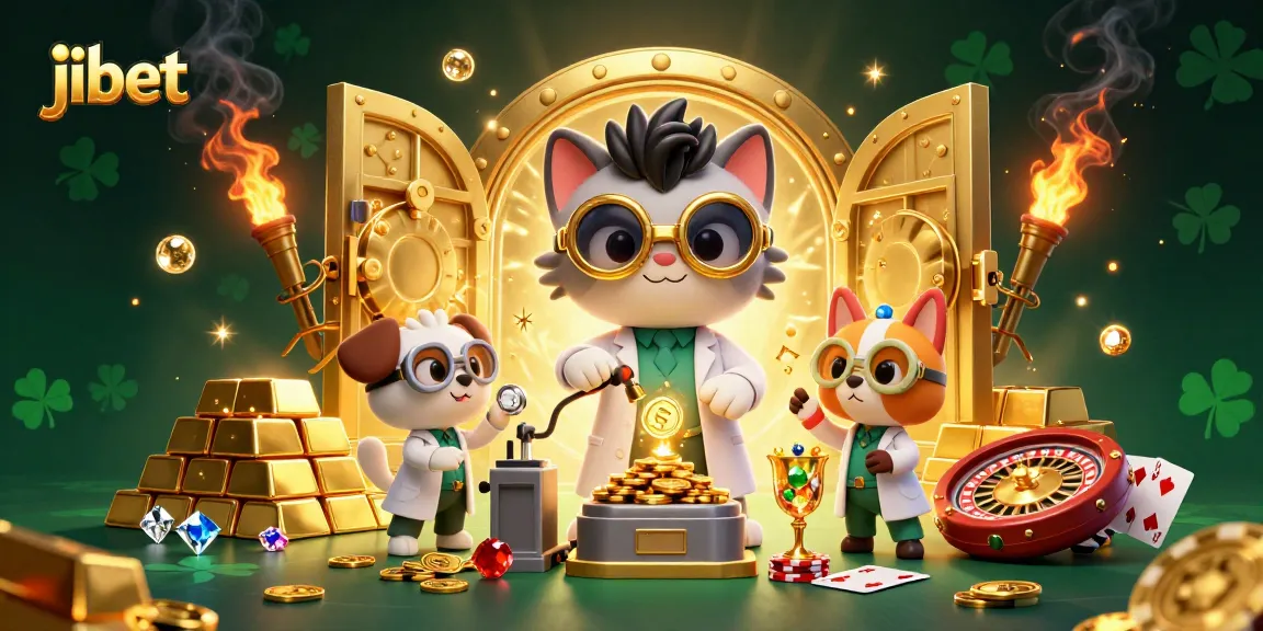 Spin the reels with jibet in a vibrant casino scene, featuring playful characters and golden treasures.